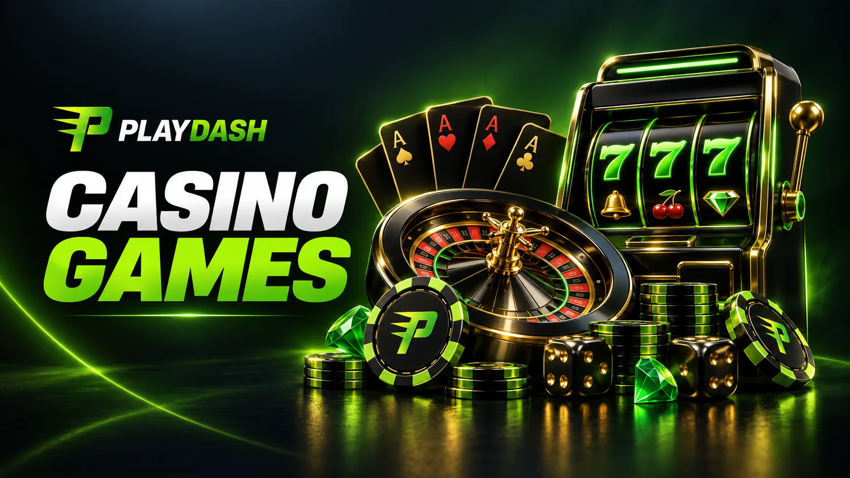 PlayDash casino games illustration with slots, roulette, playing cards and chips