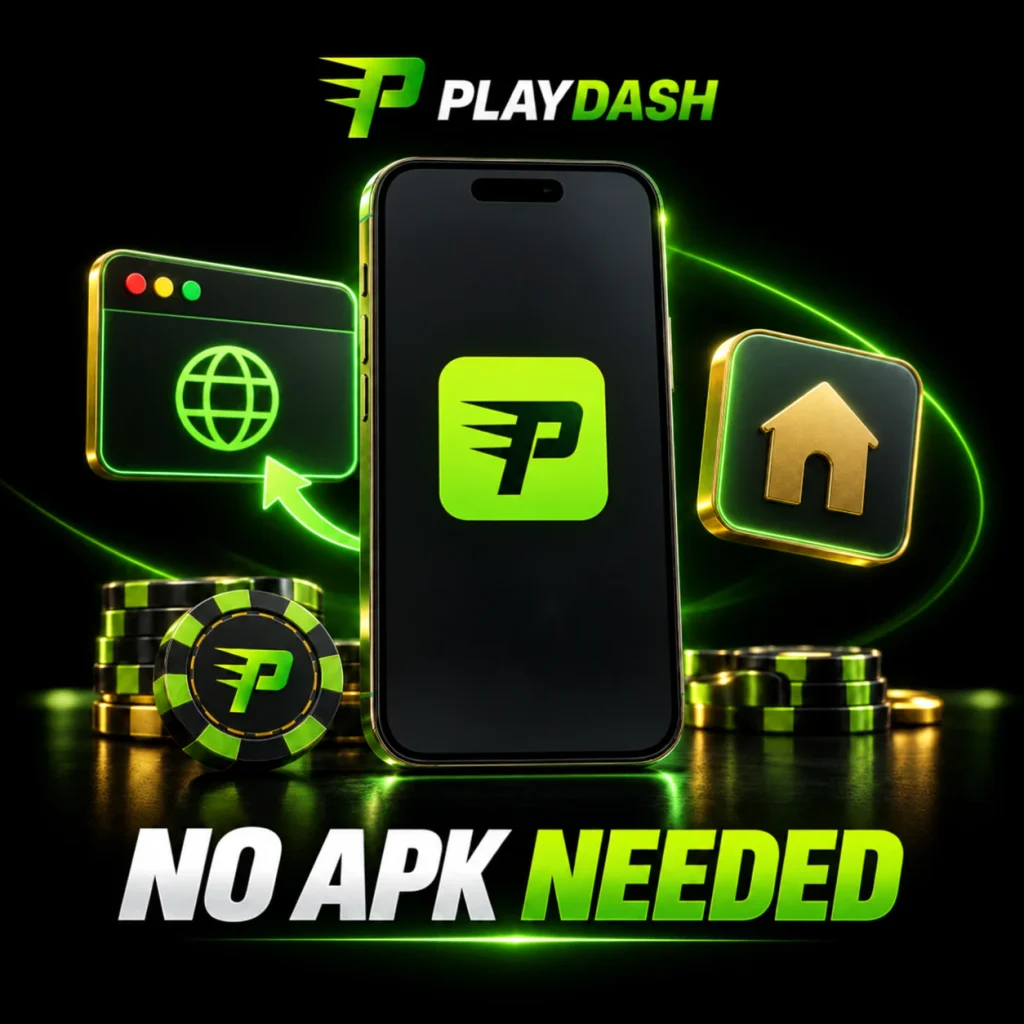 PlayDash mobile web app illustration with a smartphone and browser home-screen icons