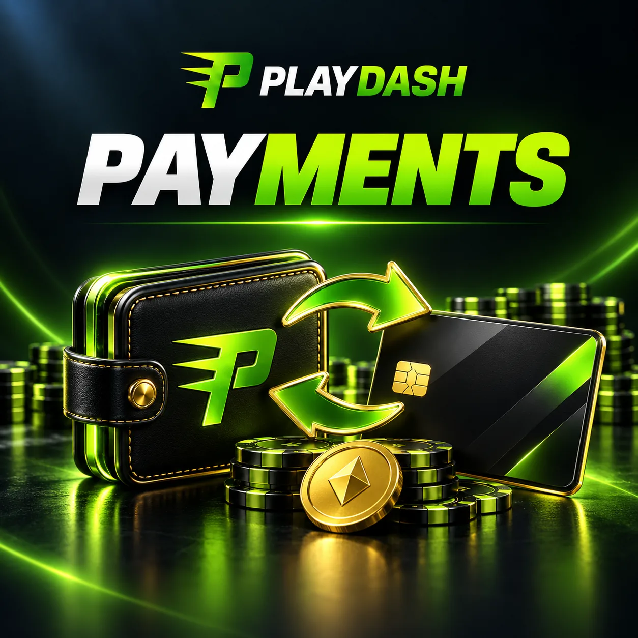 PlayDash payments illustration with a digital wallet, card, transfer arrows and coin