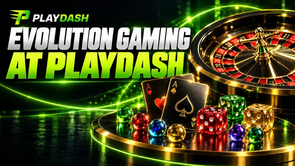 Evolution Gaming at PlayDash with roulette, cards, dice and colourful marbles