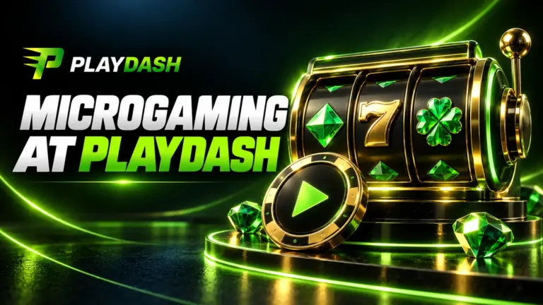 Microgaming at PlayDash illustrated with a slot machine and a play token