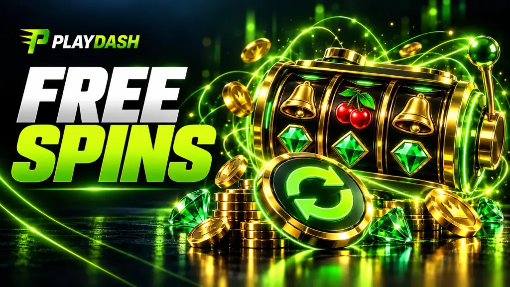 PlayDash free spins illustration with gold slot reels and a green spin token