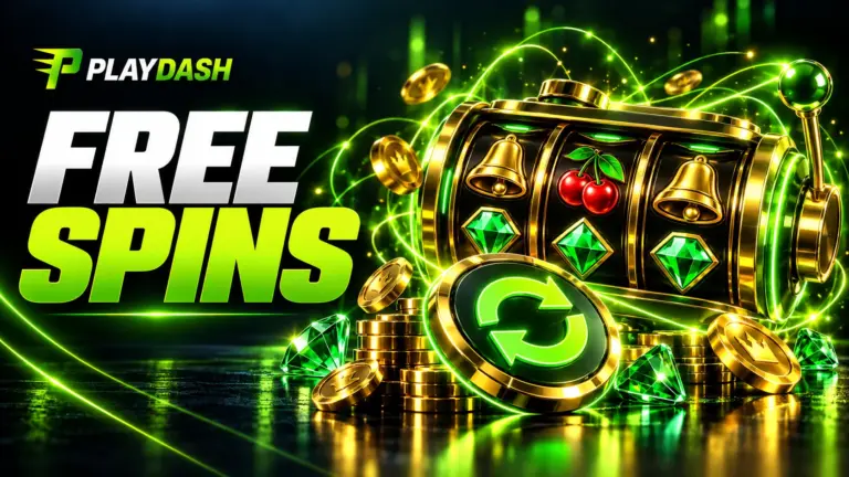 PlayDash free spins illustration with gold slot reels and a green spin token