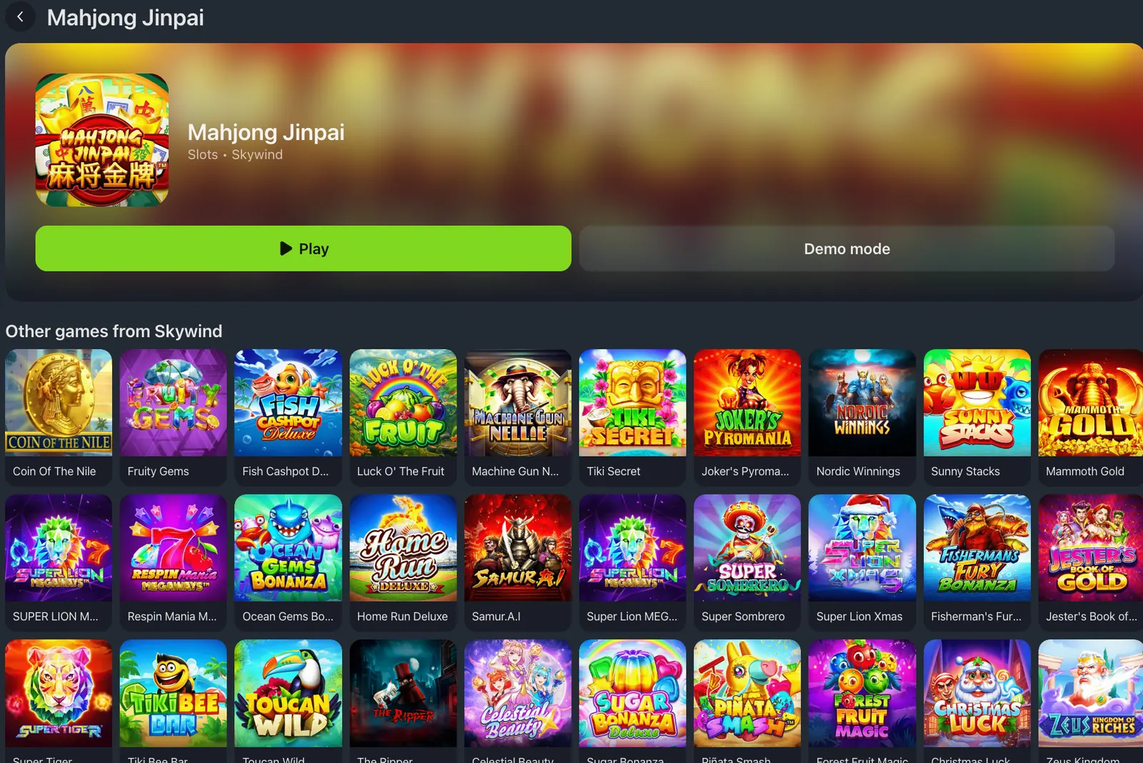 Mahjong Jinpai by Skywind on PlayDash with Play and Demo mode buttons