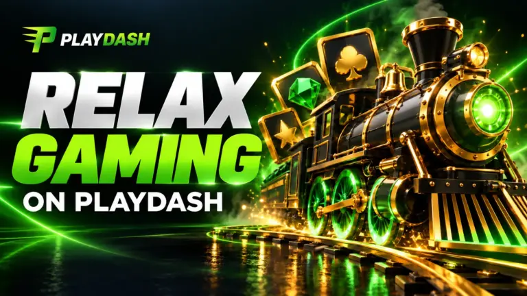 Relax Gaming on PlayDash illustrated with a gold-trimmed locomotive and emerald-lit casino motifs.