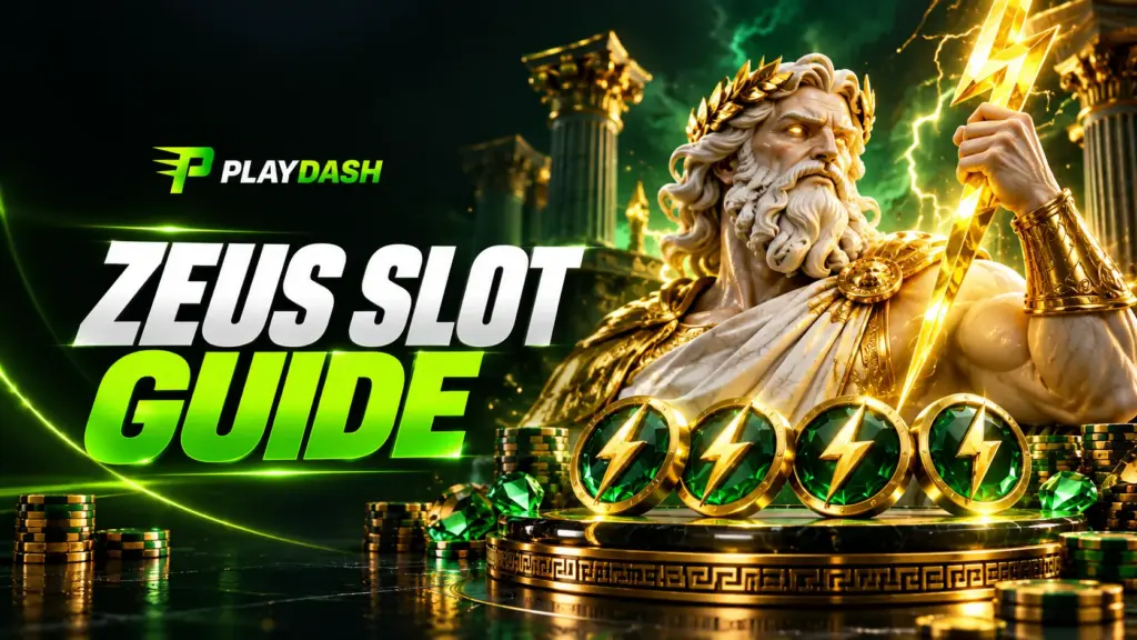 PlayDash Zeus slot guide with Zeus and lightning symbols