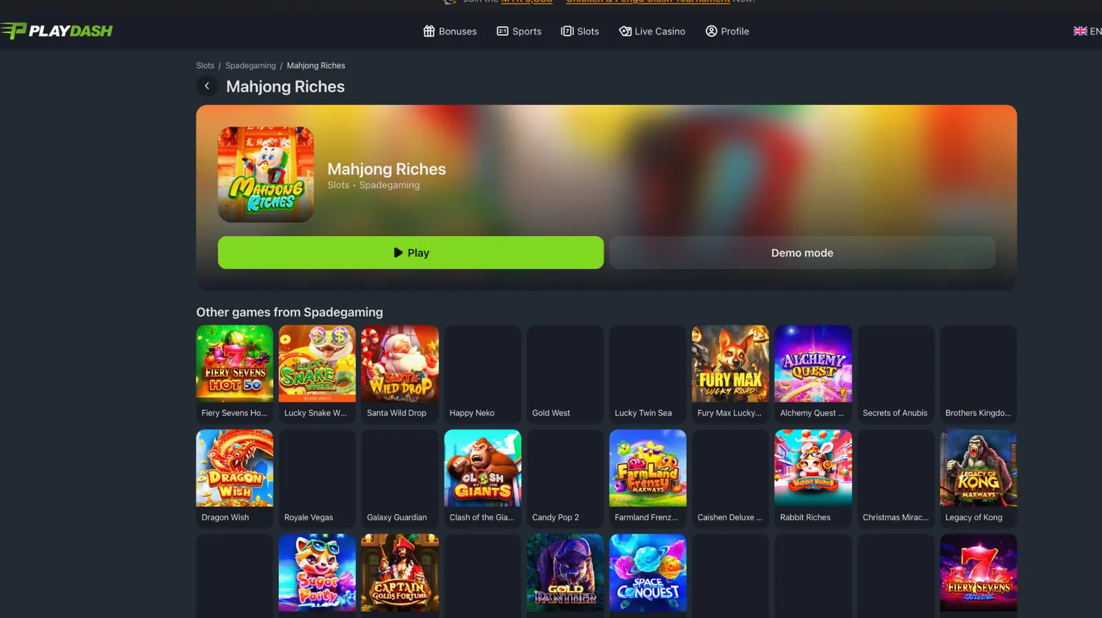 Mahjong Riches by Spadegaming on PlayDash with Play and Demo mode buttons