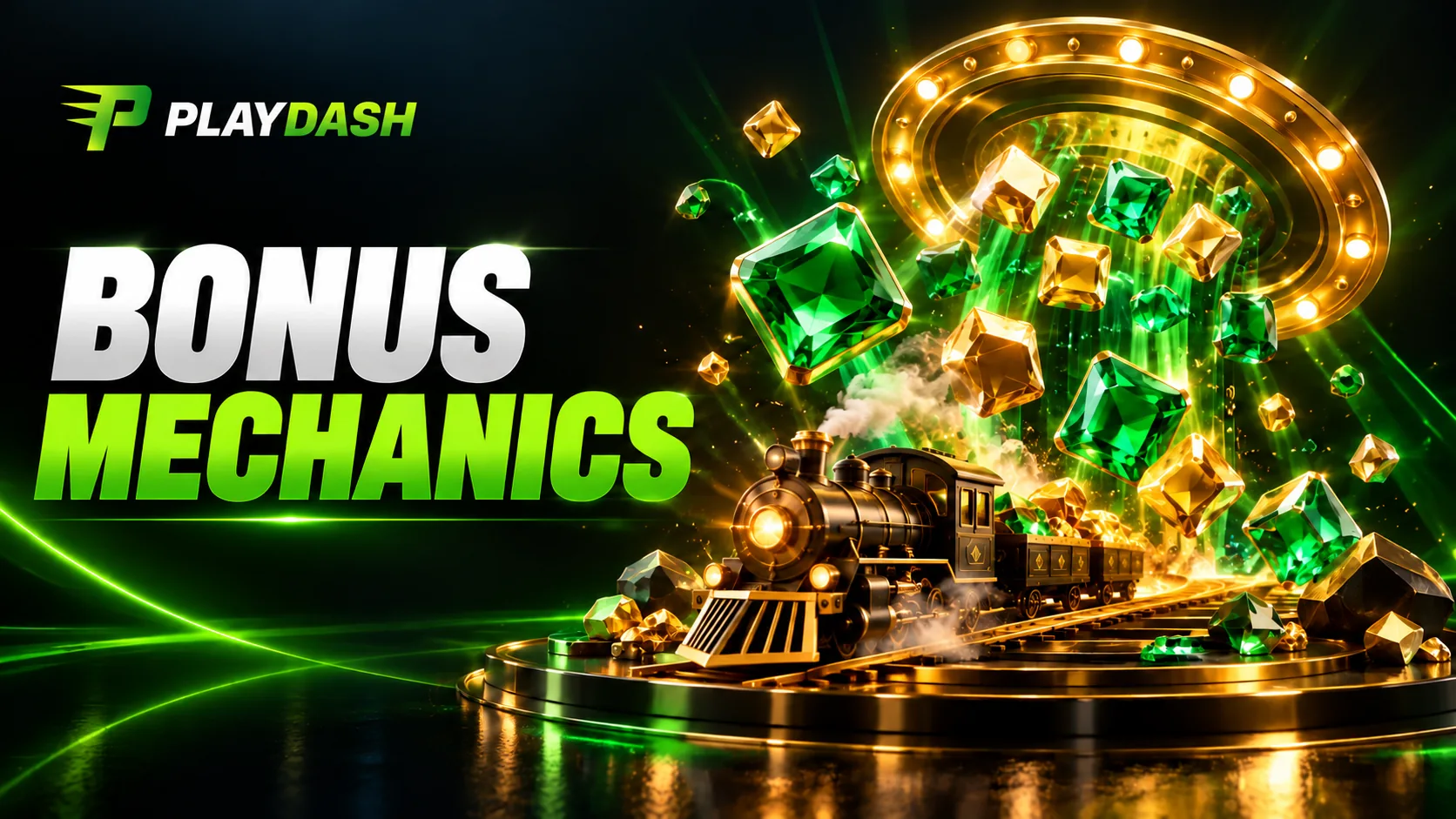 Illustration of Relax Gaming bonus mechanics with a train, cascading gems and a jackpot ring.