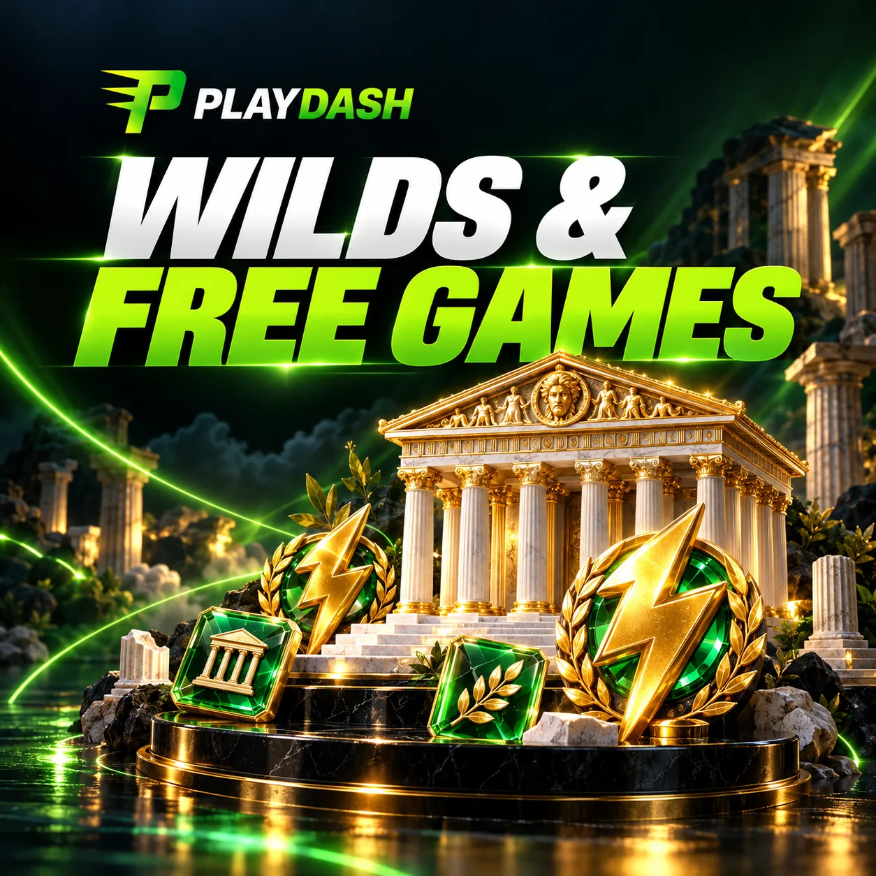 PlayDash logo and Wilds and Free Games title above gold lightning emblems and Greek temple columns