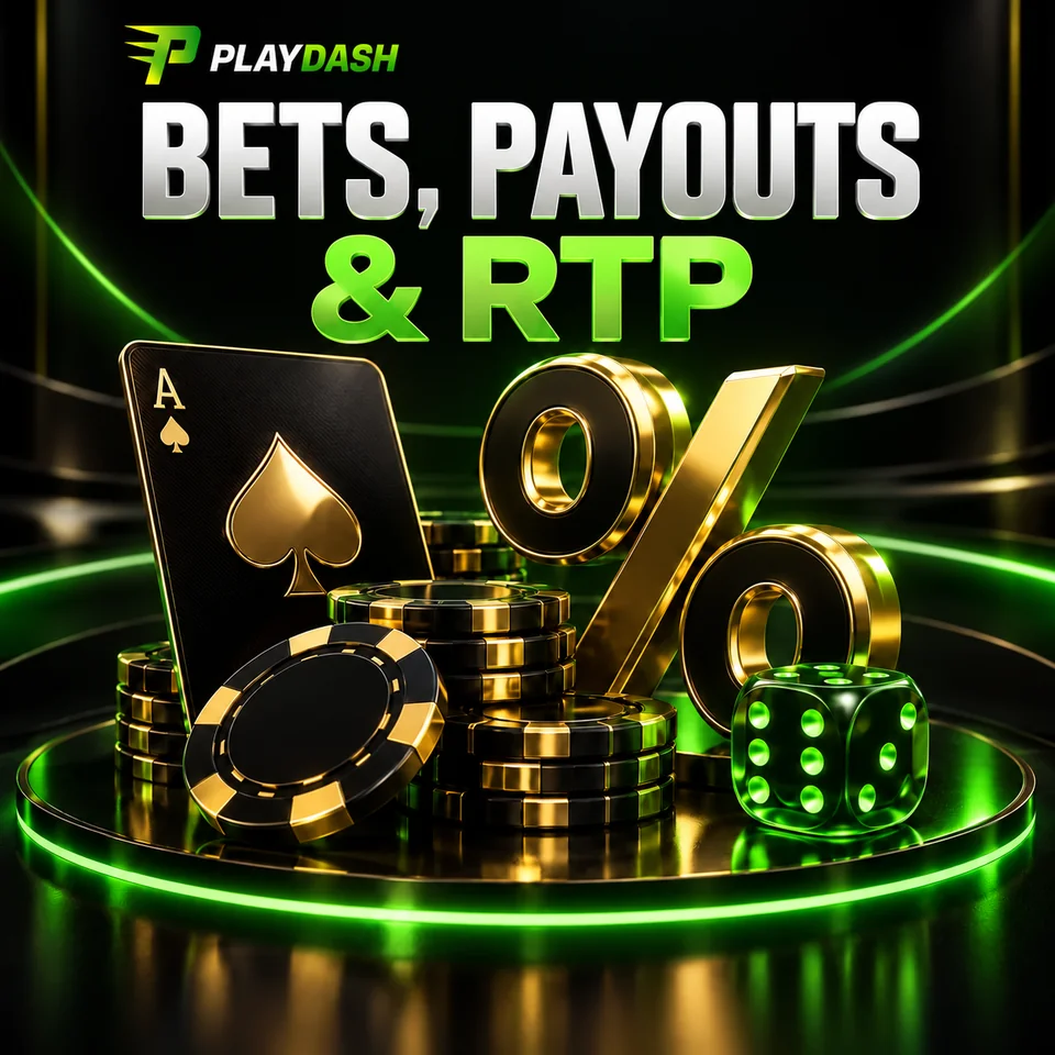 Betting payouts and RTP illustrated with chips, cards and a percentage symbol