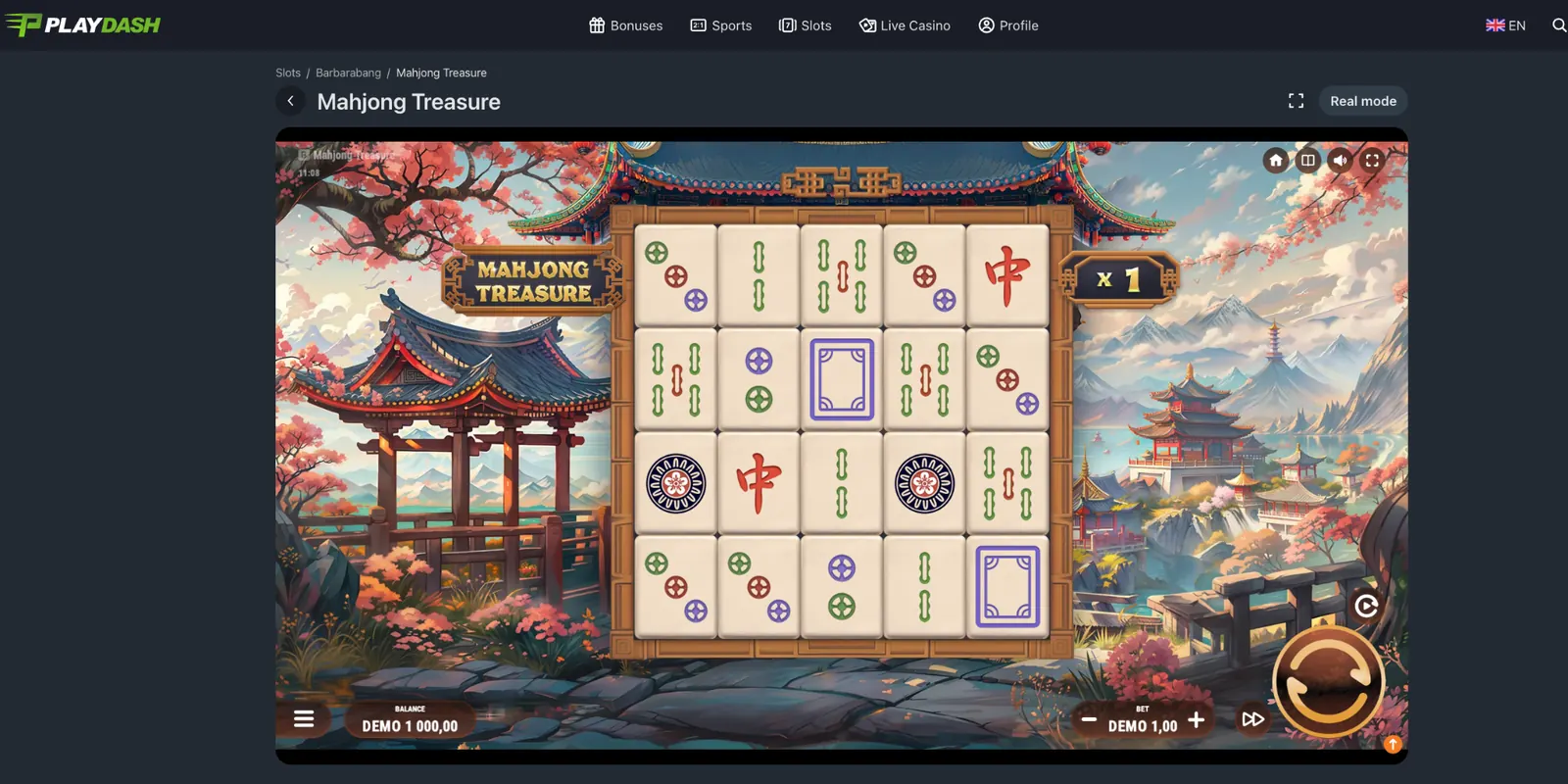 Mahjong Treasure demo on PlayDash showing the tile reels, multiplier and virtual balance