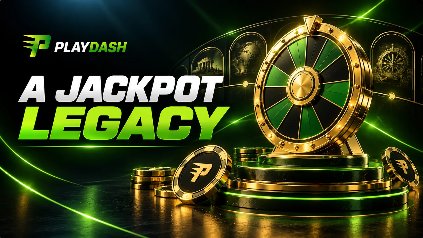 Historical jackpot concept illustrated with a gold wheel and illuminated pedestal
