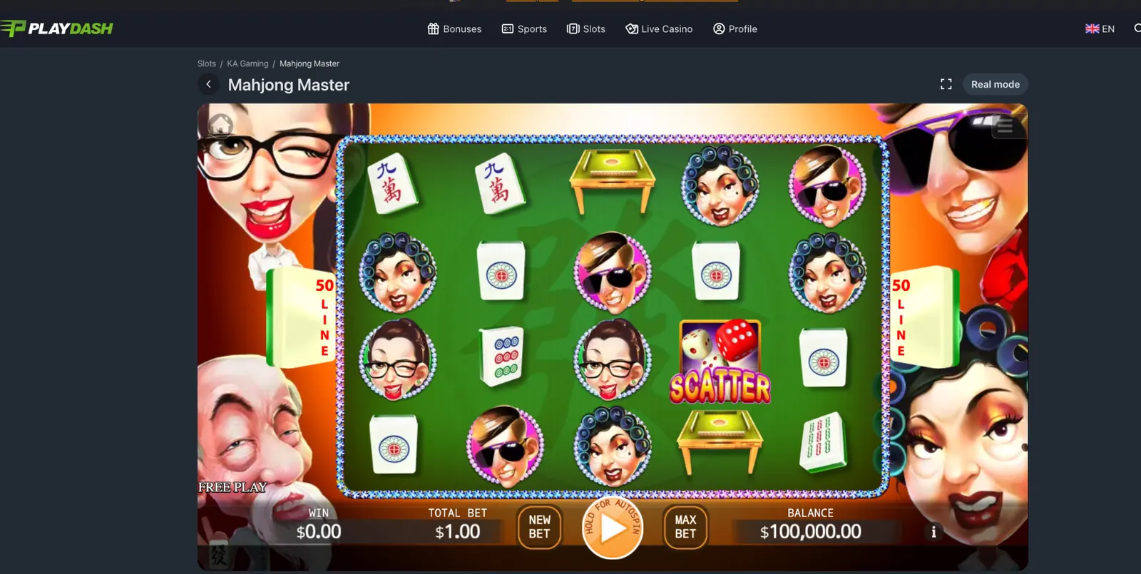 Mahjong Master free-play screen on PlayDash showing 50 lines and a dice scatter symbol