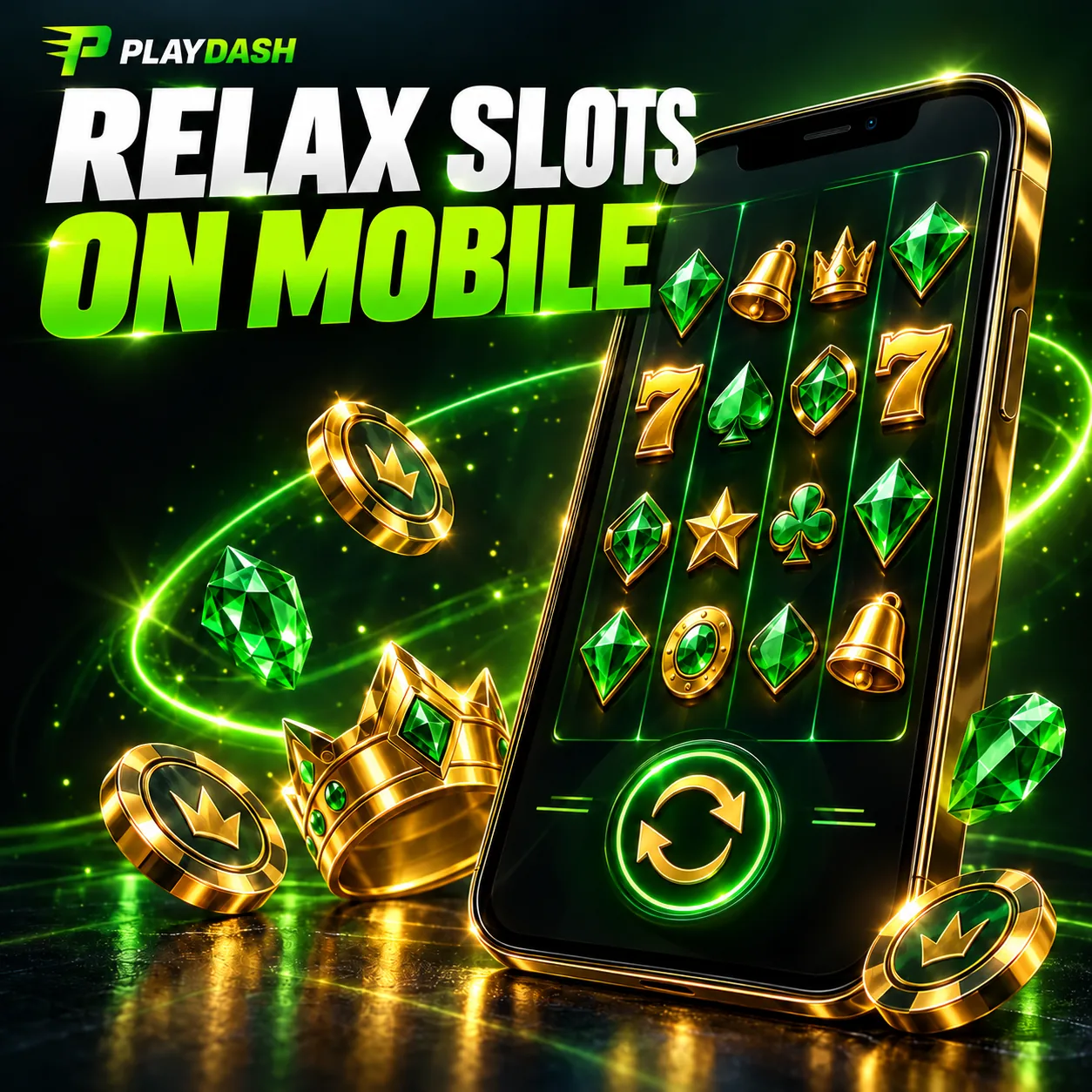 Relax Gaming mobile play illustrated with a smartphone and emerald-lit slot symbols.