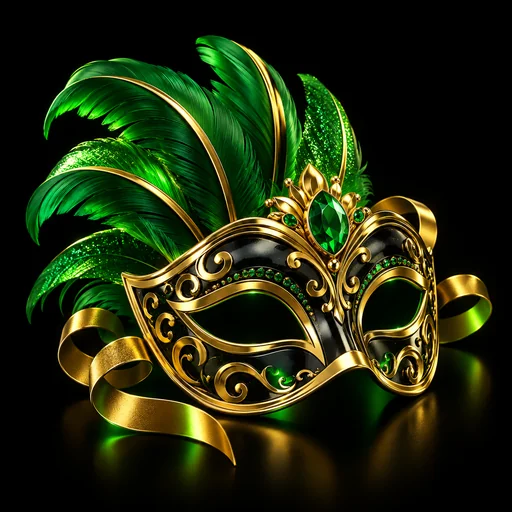 Carnaval Fiesta theme illustrated with a gold carnival mask and emerald feathers