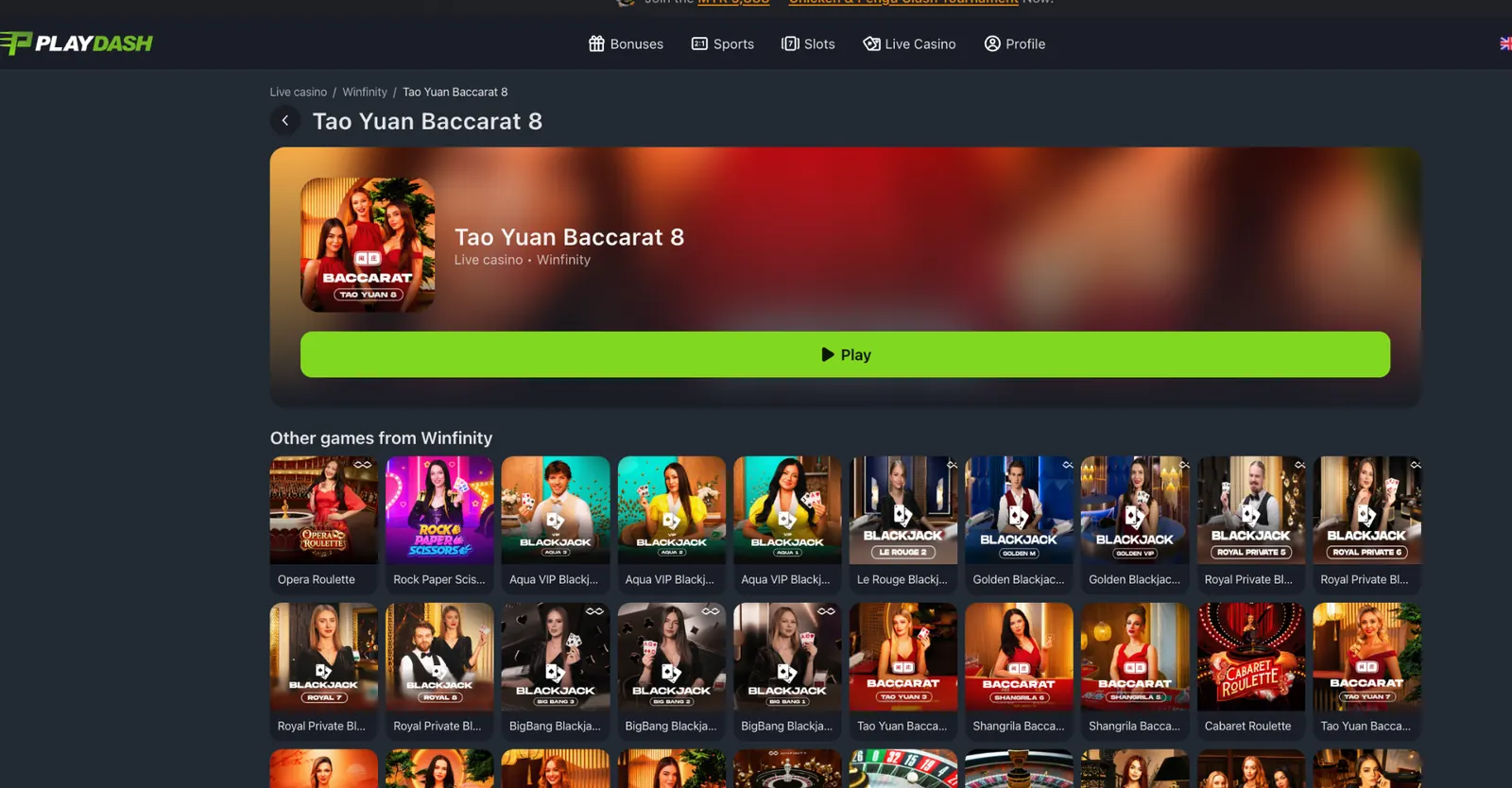 Tao Yuan Baccarat 8 by Winfinity on PlayDash showing the game cover and Play button