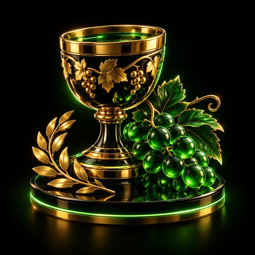 Almighty Dionysus Empire theme illustrated with grapes and a golden goblet