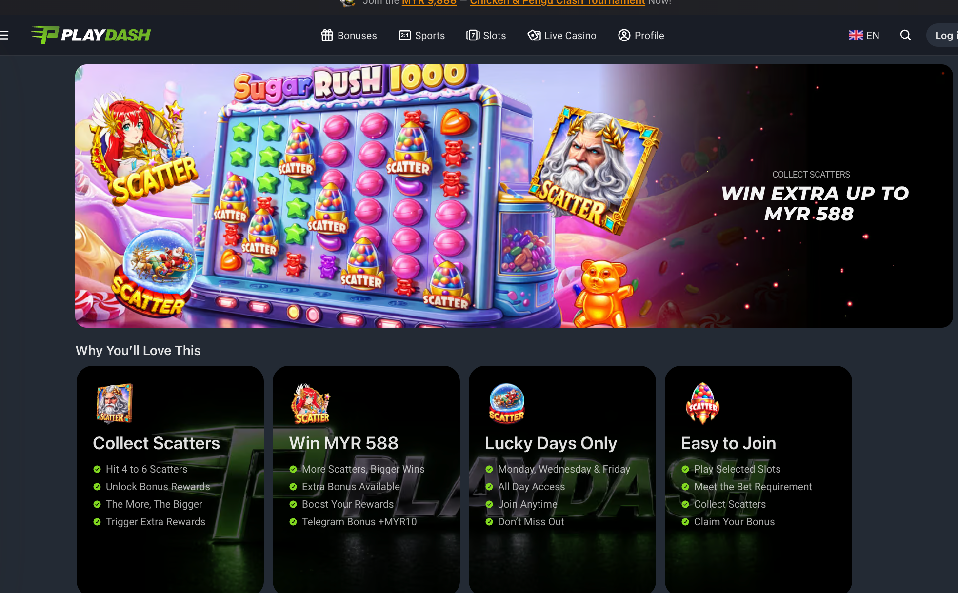PlayDash scatter challenge promotion showing four to six scatters and rewards up to MYR 588