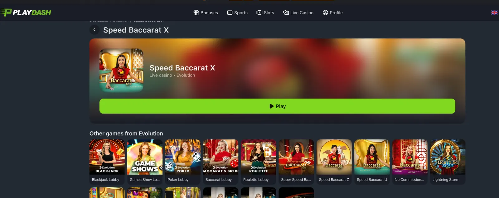 Speed Baccarat X by Evolution on PlayDash showing the game cover and Play button