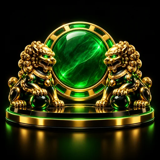 Lucky Twins & 9 Lions theme illustrated with two gold guardian lions and an emerald coin