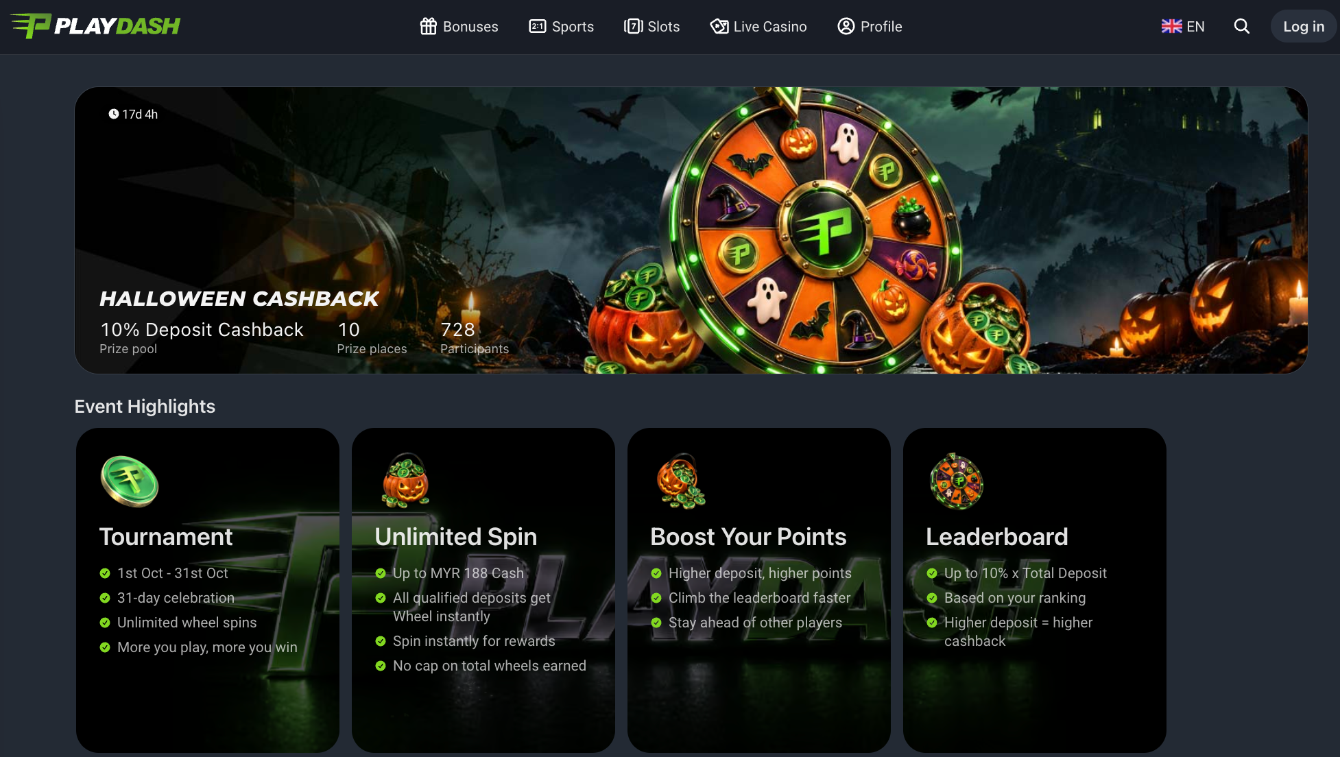 PlayDash Halloween Cashback promotion showing October dates, deposit wheels and ranking rewards