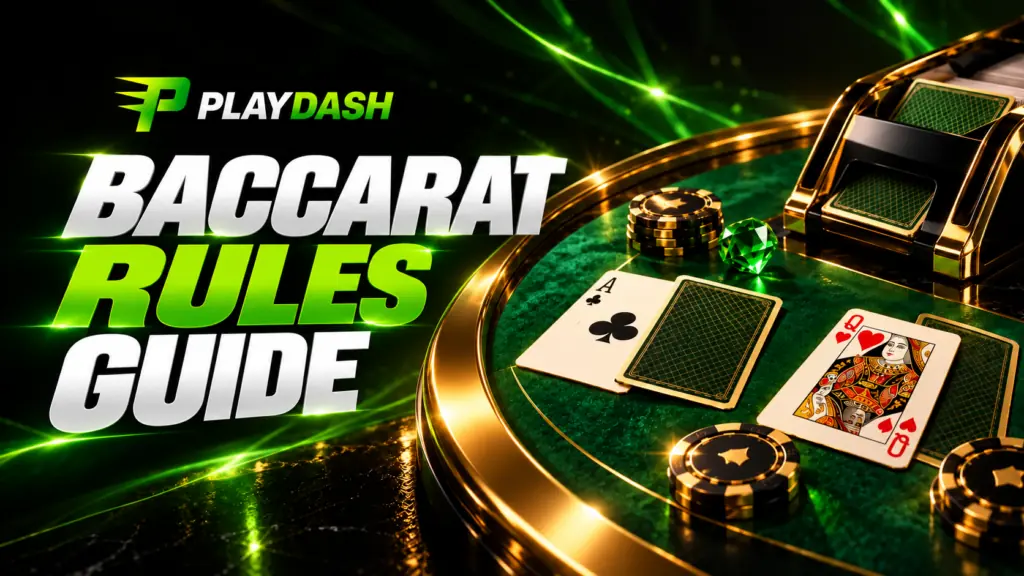 Baccarat table, playing cards and chips beside the title Baccarat Rules Guide